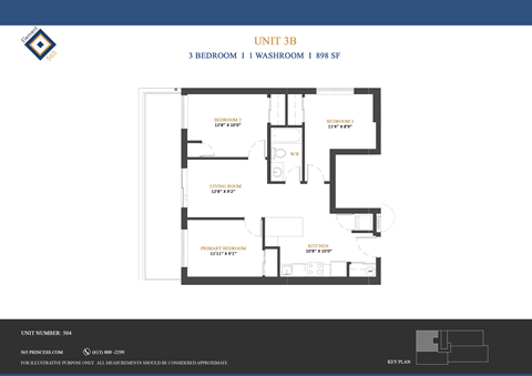 Floor plan for 3 beds, 1 bath